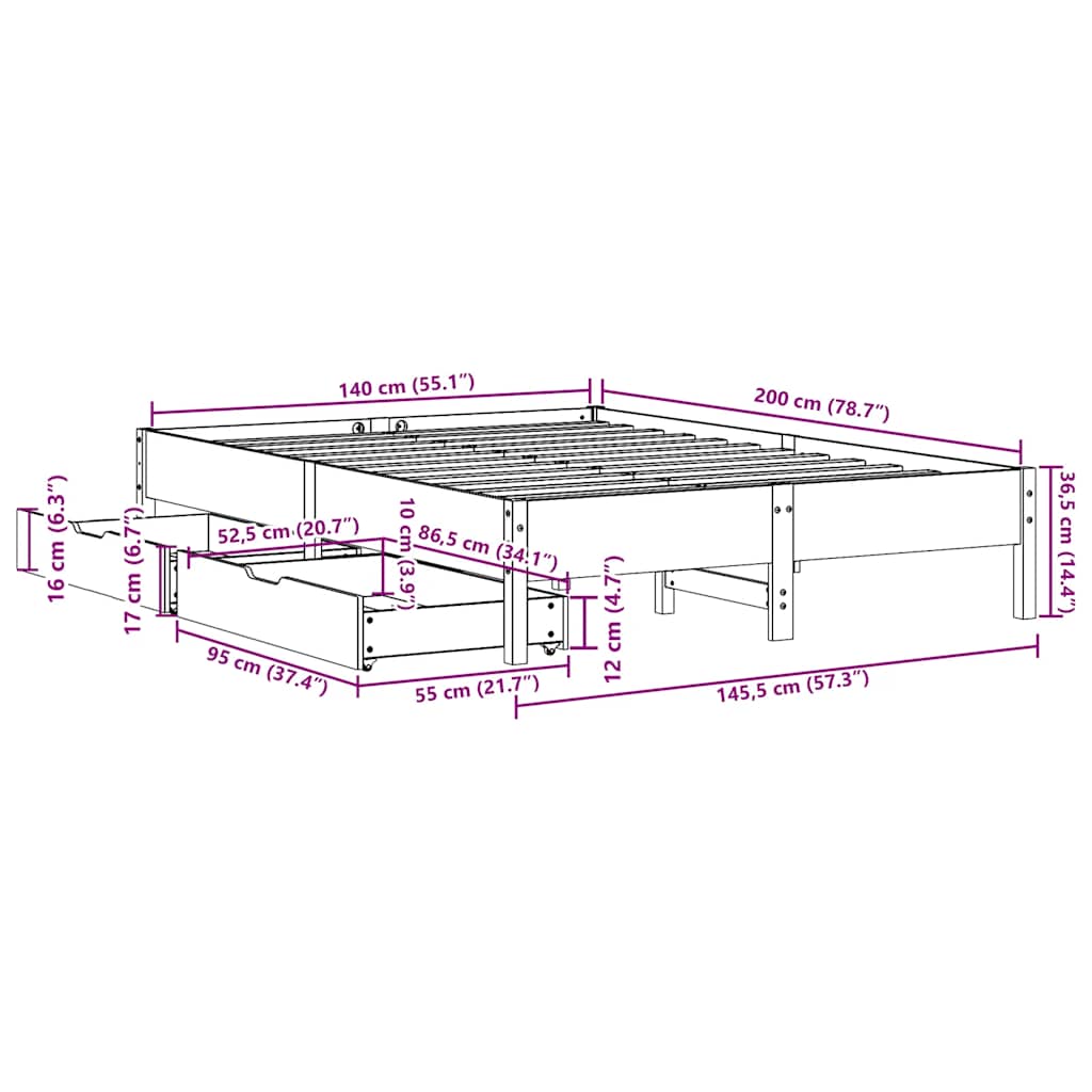 Sengeramme uten madrass hvit 140x200 cm heltre furu