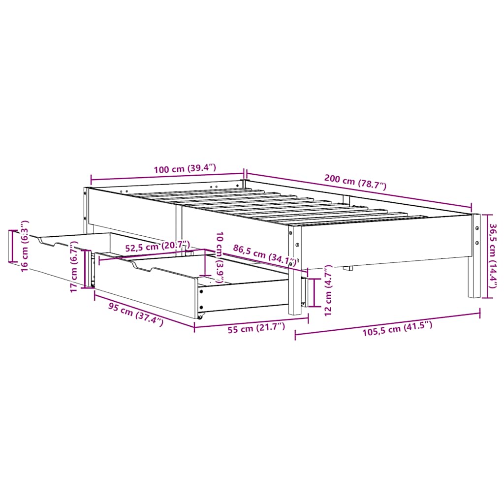 Sengeramme uten madrass voksbrun 100x200 cm heltre furu