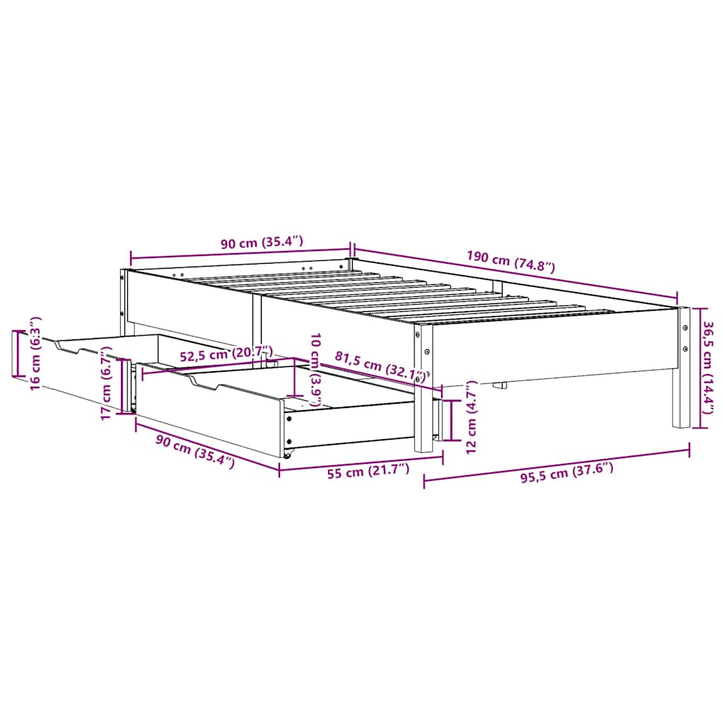 Sengeramme uten madrass voksbrun 90x190 cm heltre furu