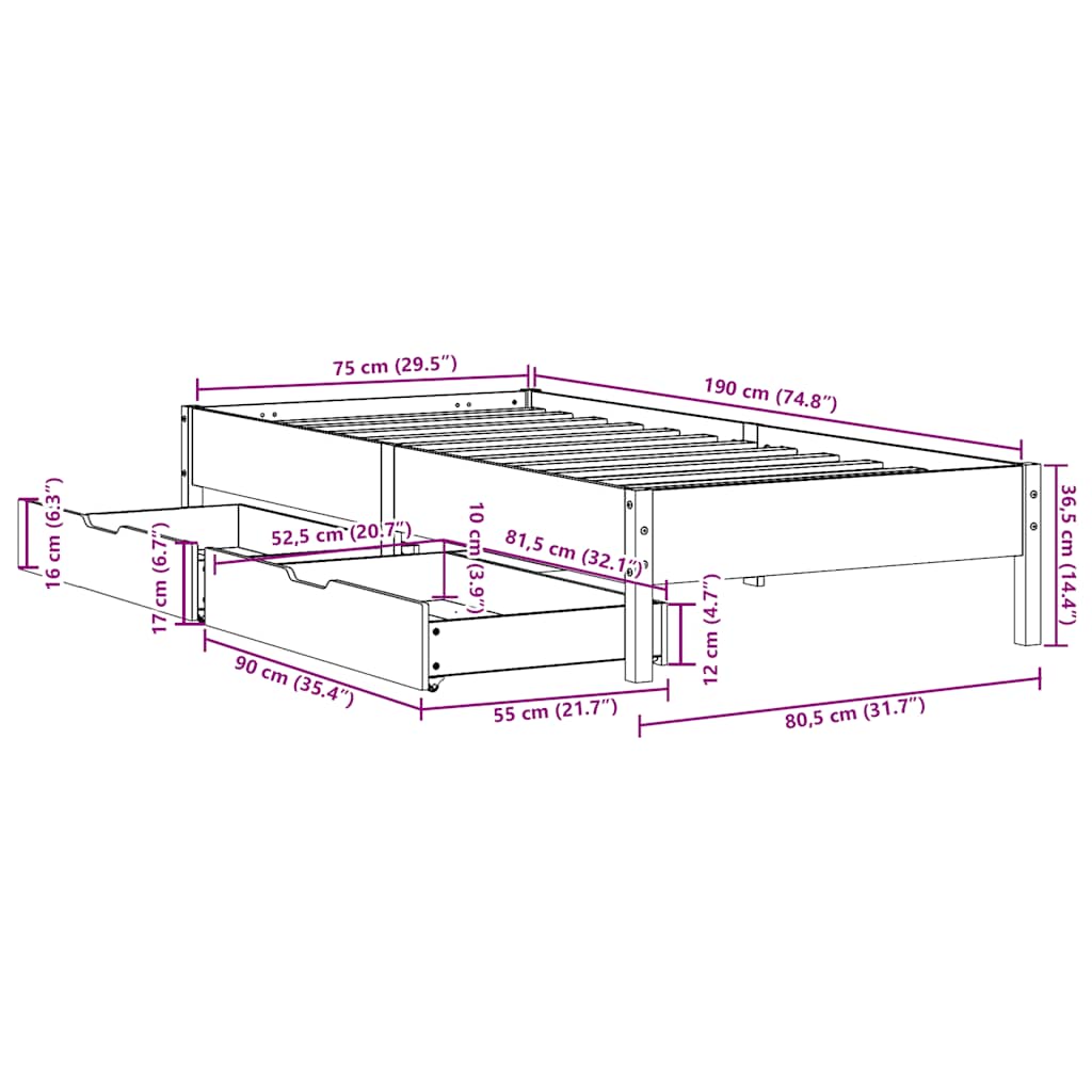 Sengeramme uten madrass hvit 75x190 cm heltre furu