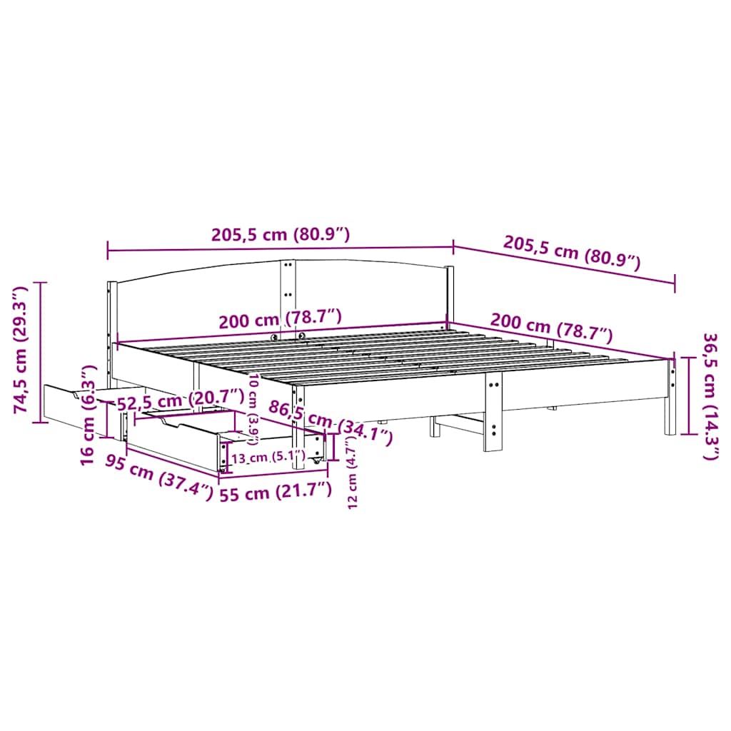Sengeramme uten madrass voksbrun 200x200 cm heltre furu