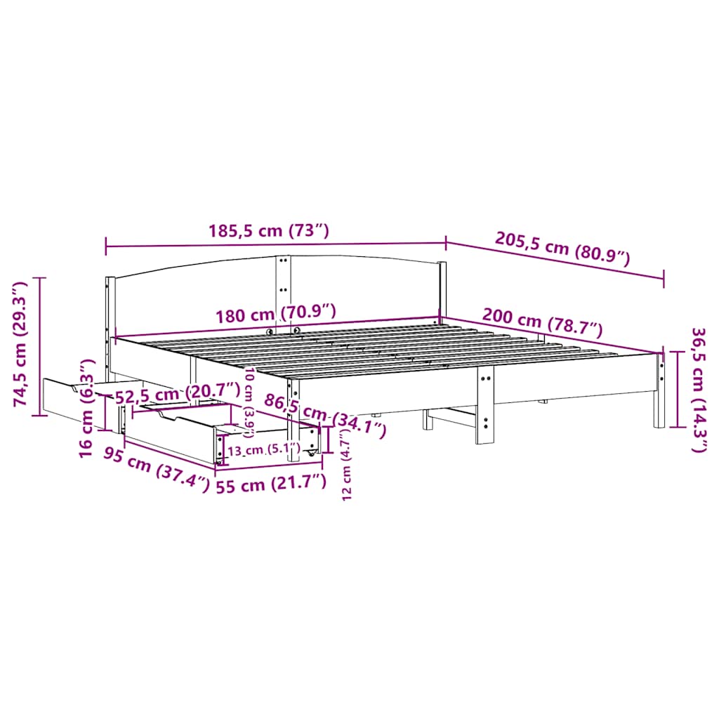 Sengeramme uten madrass hvit 180x200 cm heltre furu