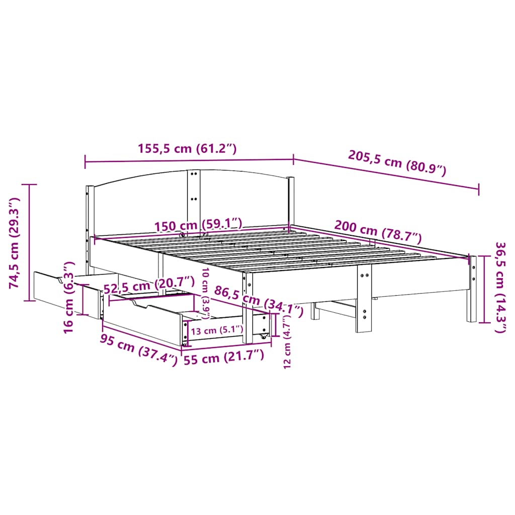 Sengeramme uten madrass hvit 150x200 cm heltre furu