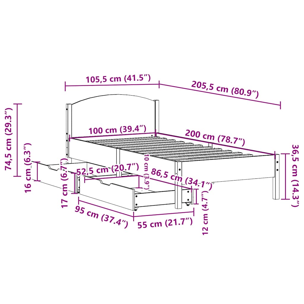 Sengeramme uten madrass voksbrun 100x200 cm heltre furu