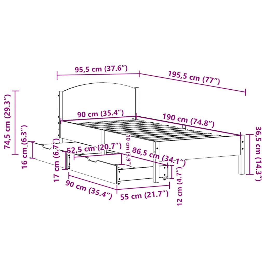 Sengeramme uten madrass voksbrun 90x190 cm heltre furu