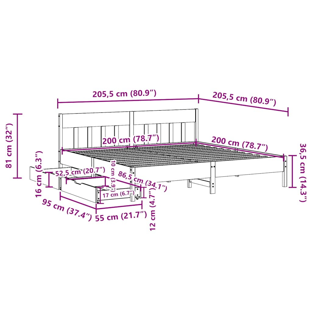 Sengeramme med madrass 200x200 cm heltre furu