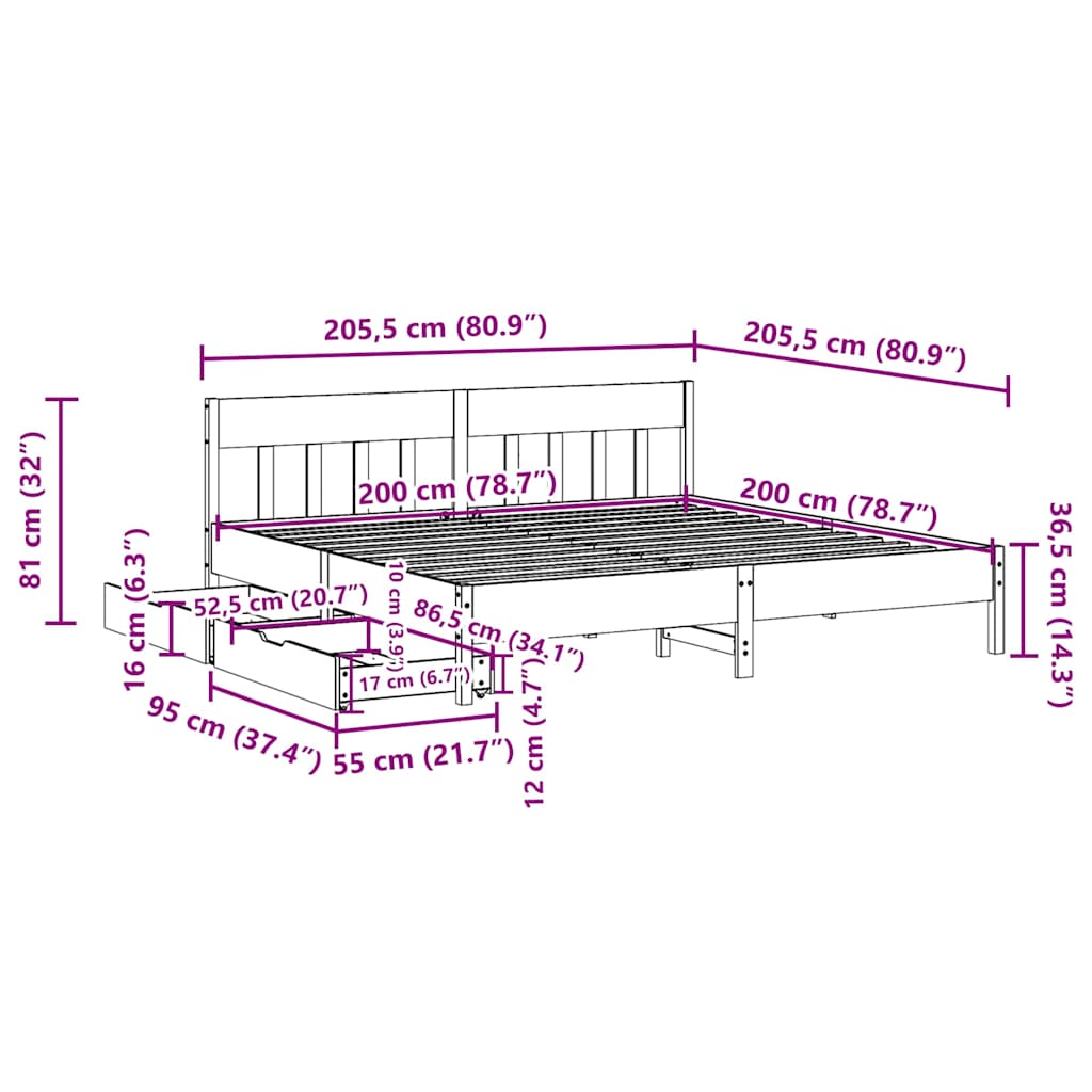 Sengeramme uten madrass voksbrun 200x200 cm heltre furu
