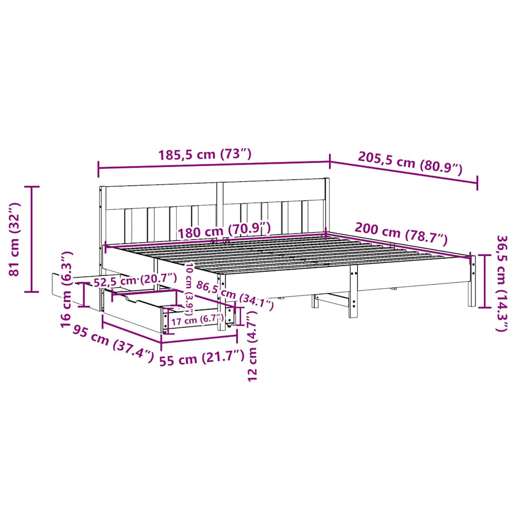 Sengeramme uten madrass voksbrun 180x200 cm heltre furu