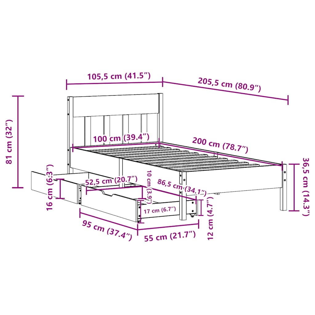 Sengeramme uten madrass voksbrun 100x200 cm heltre furu