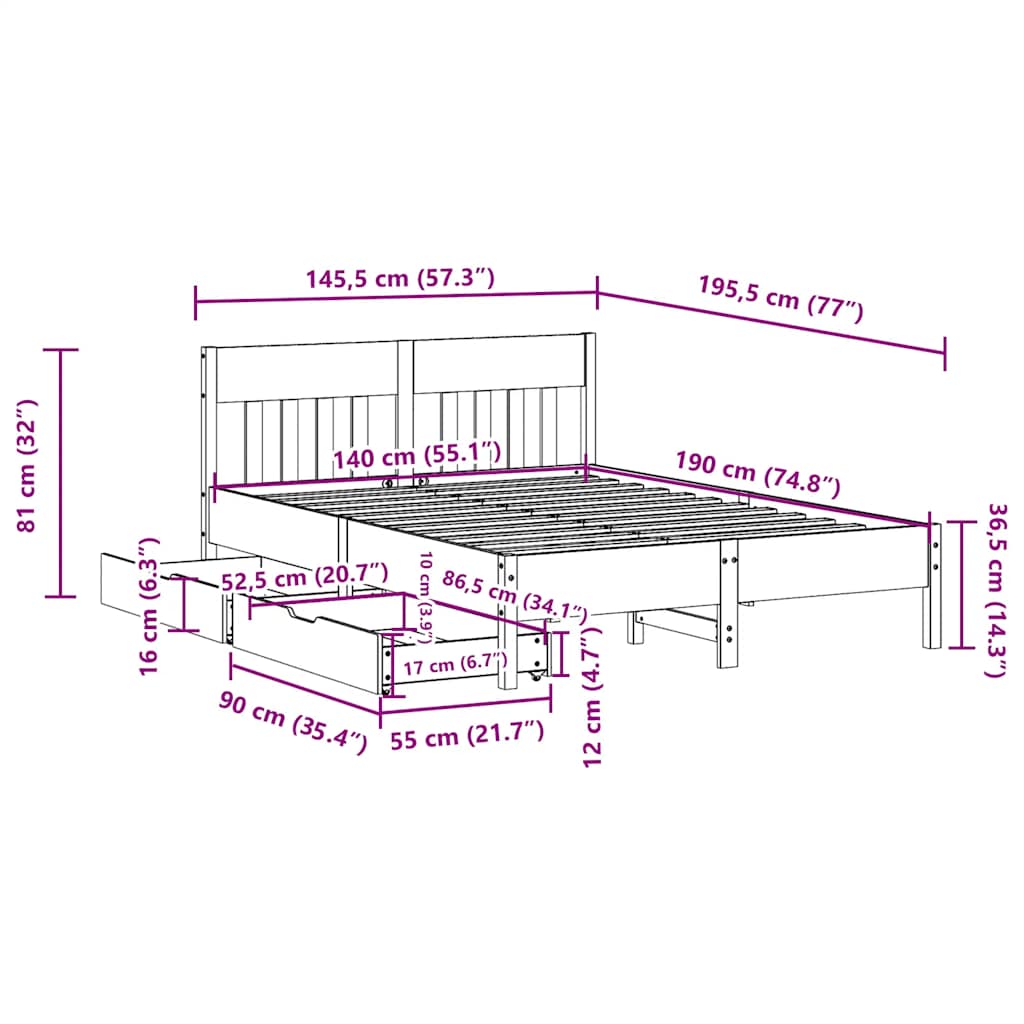 Sengeramme uten madrass hvit 140x190 cm heltre furu