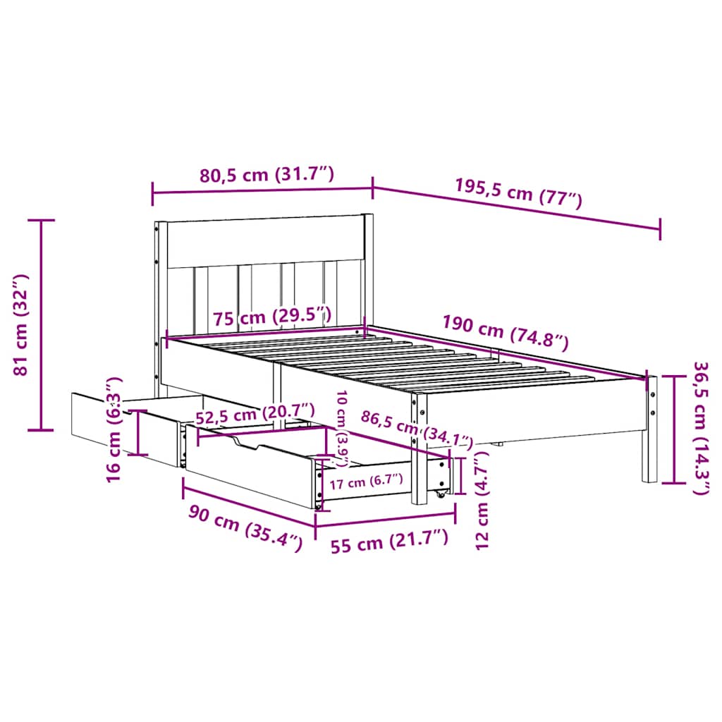 Sengeramme uten madrass hvit 75x190 cm heltre furu