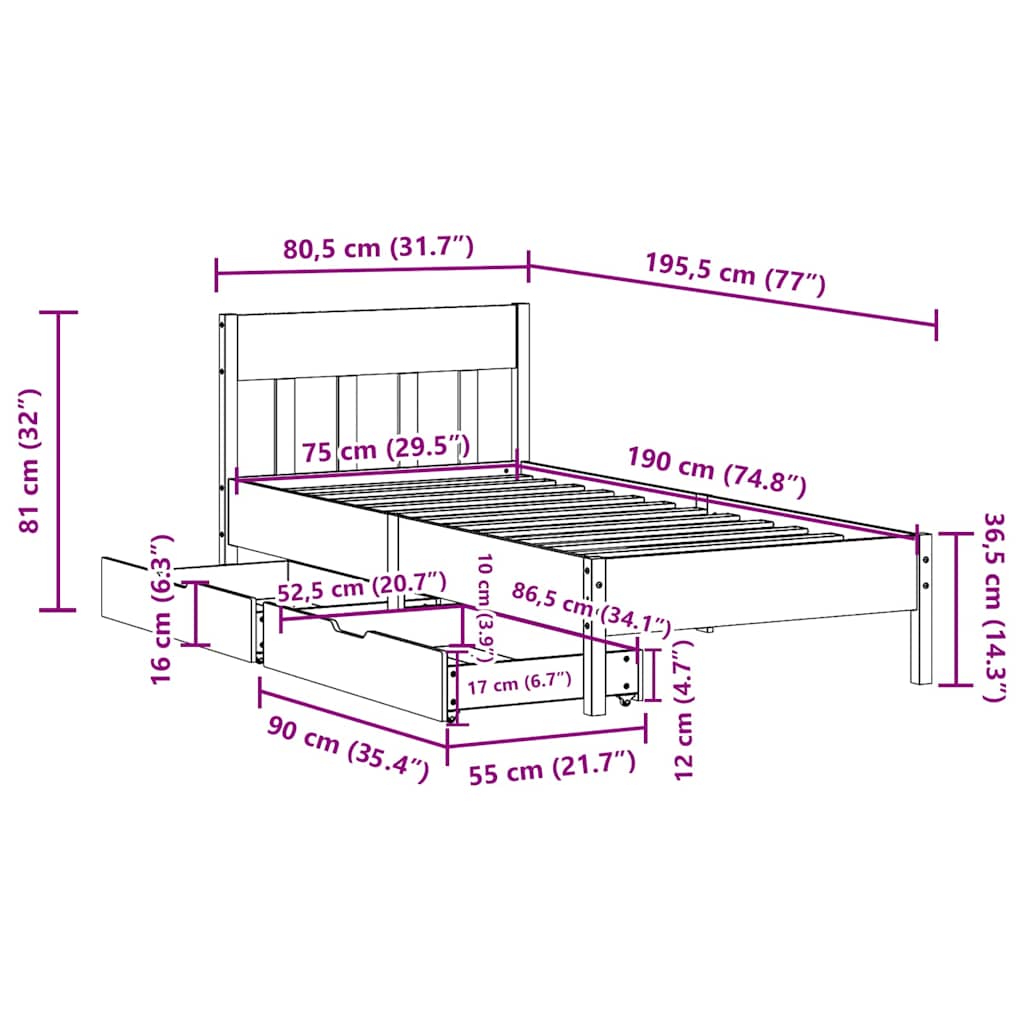 Sengeramme uten madrass voksbrun 75x190 cm heltre furu