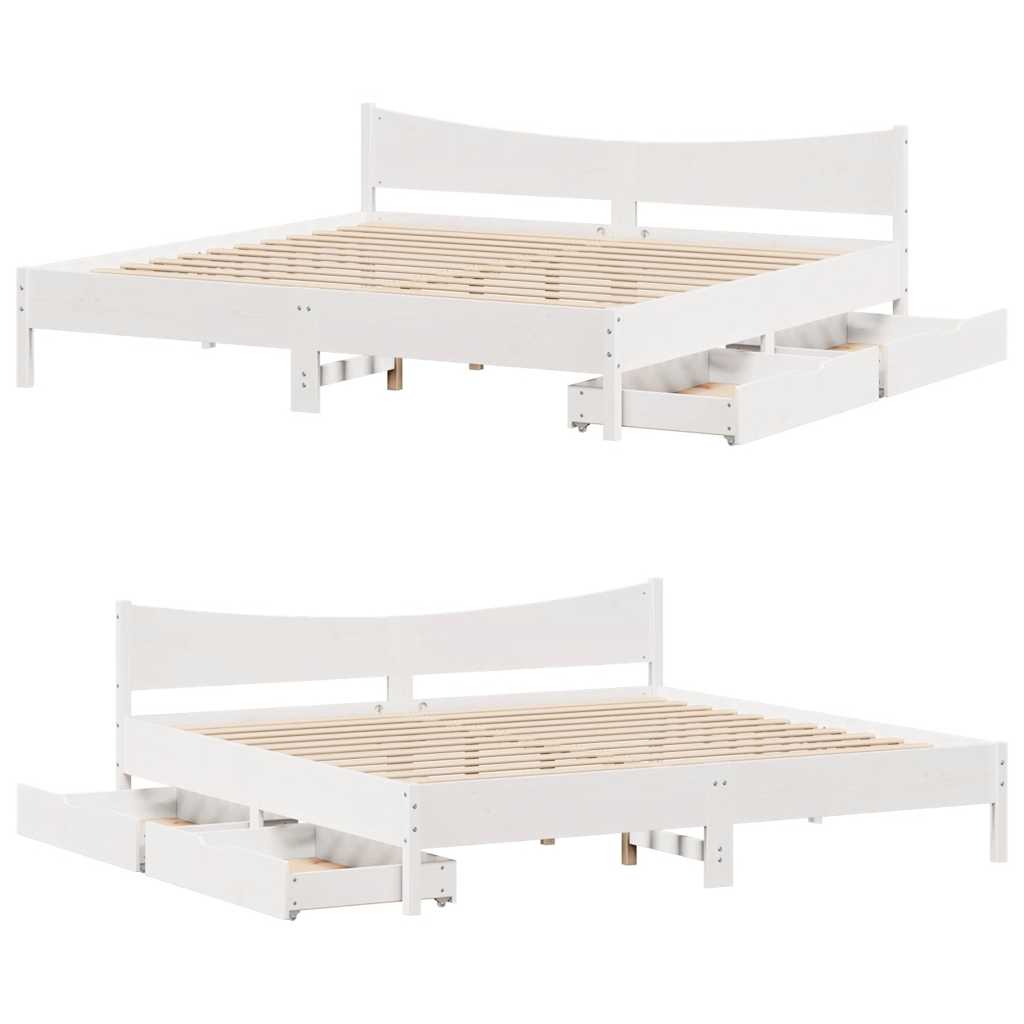 Sengeramme med skuffer hvit 200x200 cm heltre furu