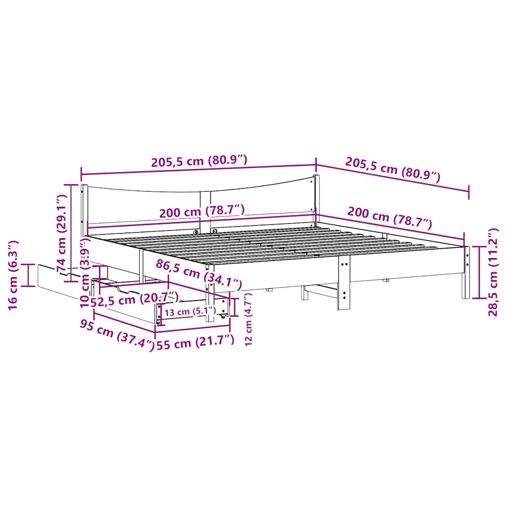 Sengeramme med skuffer hvit 200x200 cm heltre furu