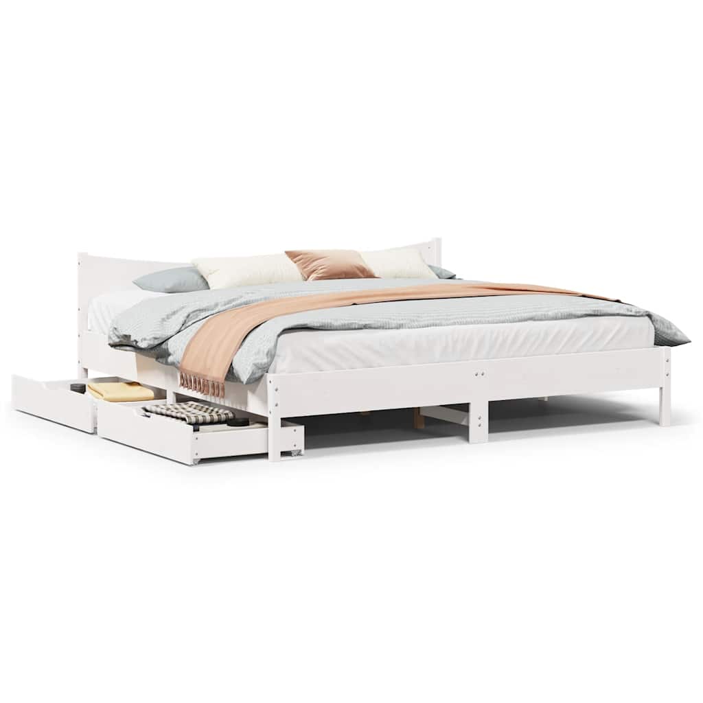 Sengeramme med skuffer hvit 200x200 cm heltre furu