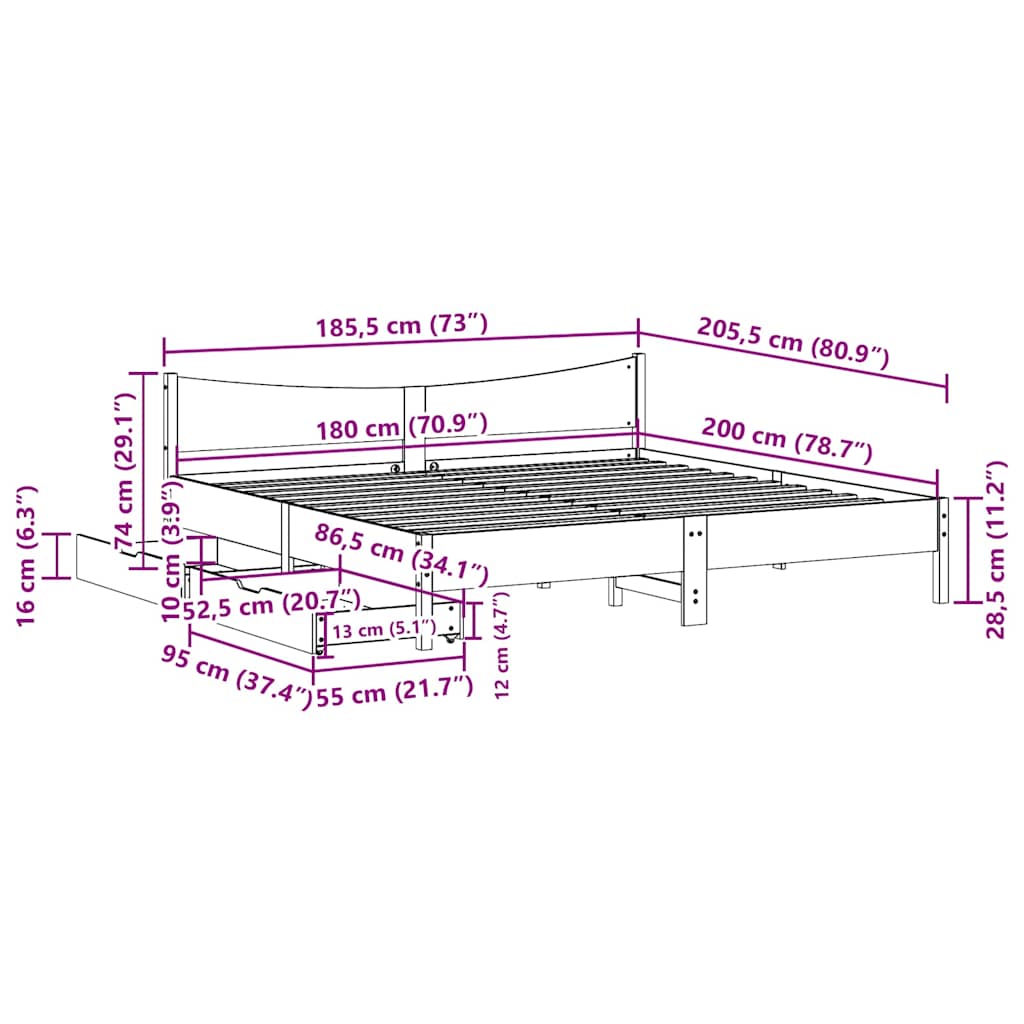 Sengeramme med skuffer hvit 180x200 cm heltre furu