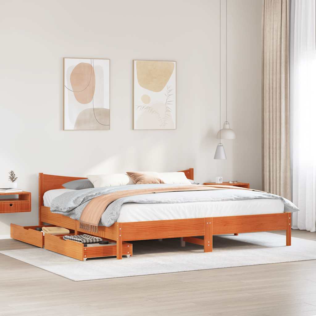 Sengeramme med skuffer voksbrun 180x200 cm heltre furu