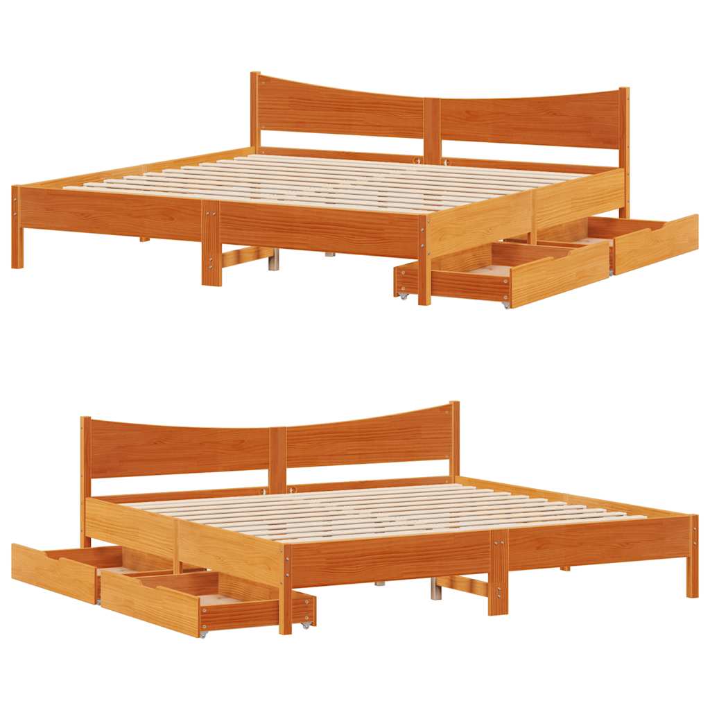 Sengeramme med skuffer voksbrun 180x200 cm heltre furu