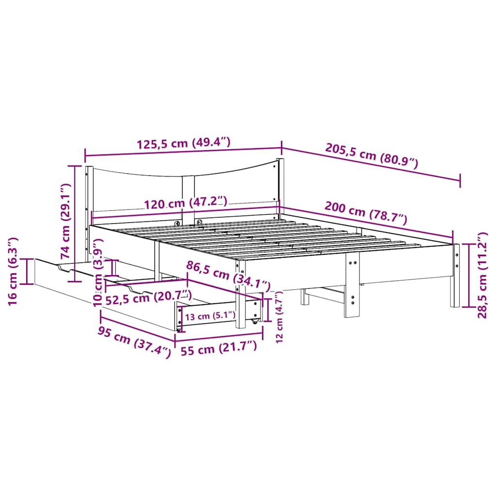Sengeramme med skuffer hvit 120x200 cm heltre furu