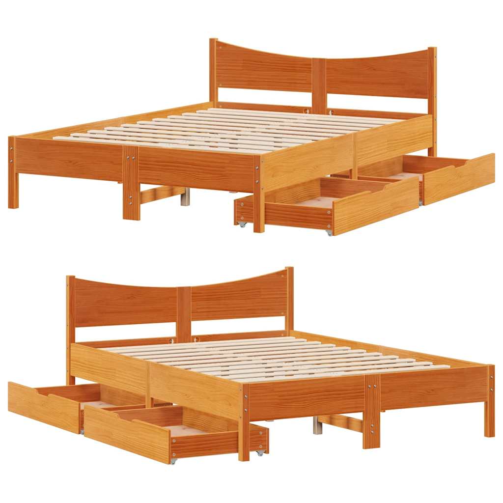 Sengeramme med skuffer brun 140x190 cm heltre furu