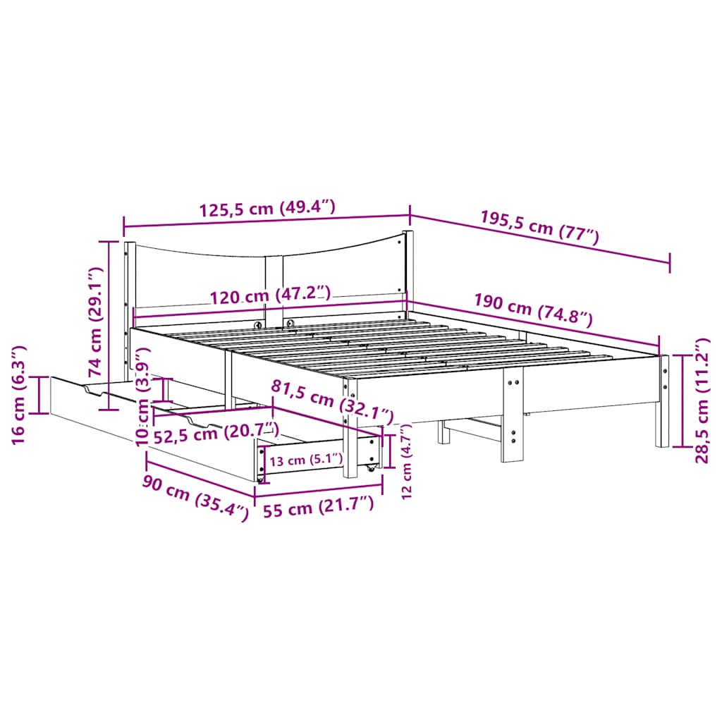 Sengeramme med skuffer 120x190 cm heltre furu