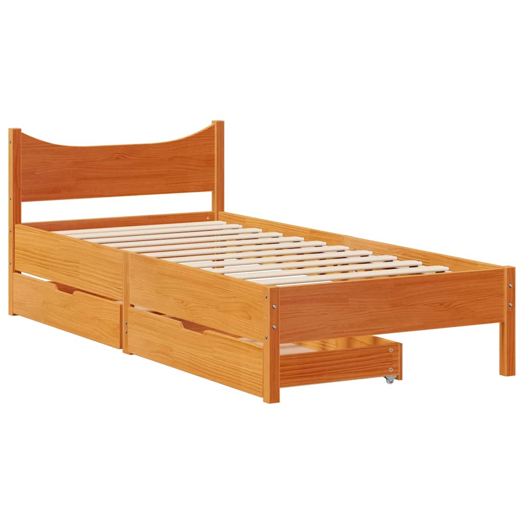 Sengeramme med skuffer voksbrun 75x190 cm heltre furu