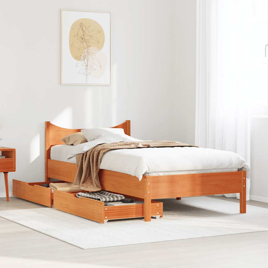 Sengeramme med skuffer voksbrun 75x190 cm heltre furu