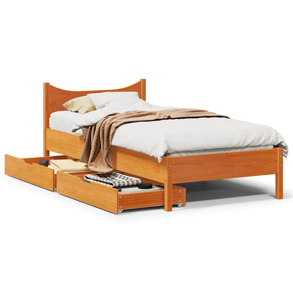 Sengeramme med skuffer voksbrun 75x190 cm heltre furu