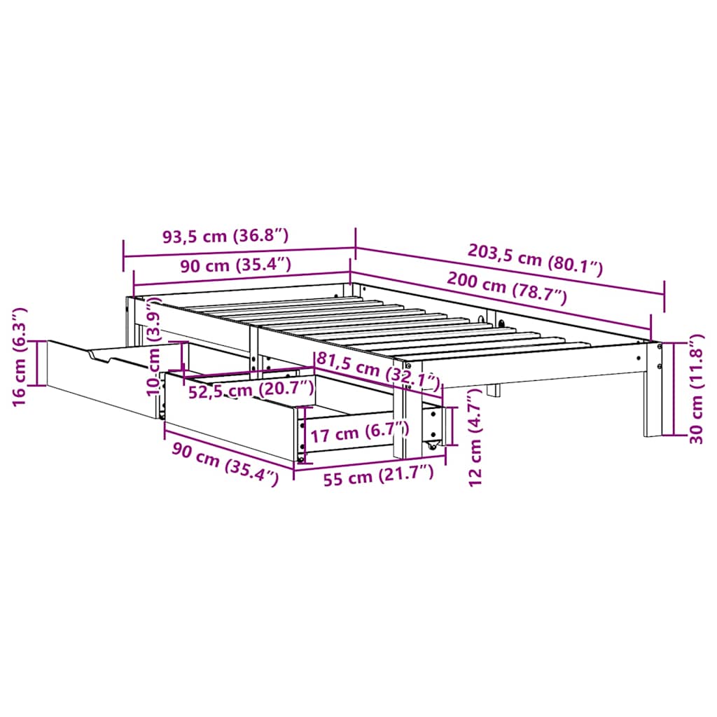 Sengeramme med skuffer 90x200 cm heltre furu