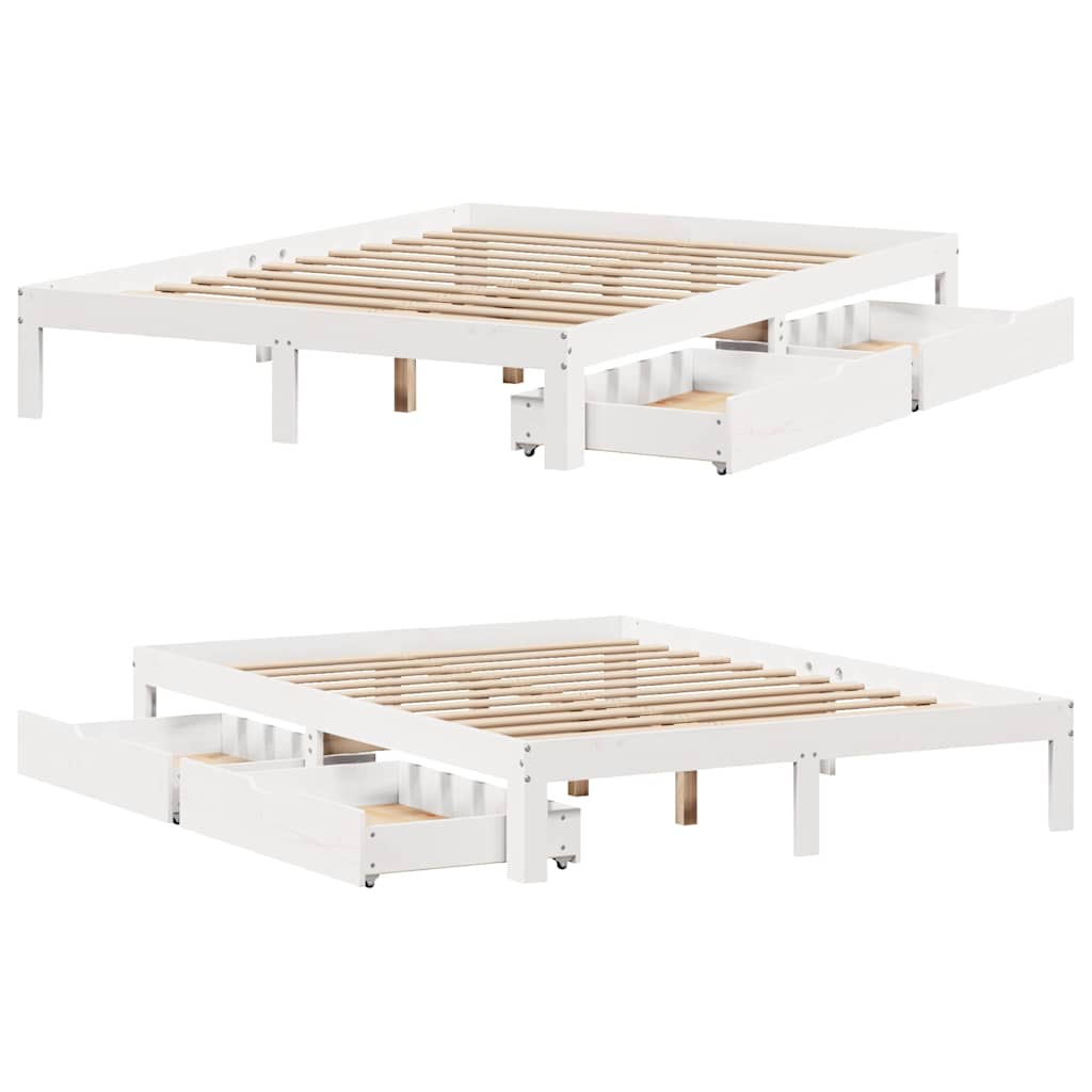 Sengeramme med skuffer hvit 150x200 cm heltre furu