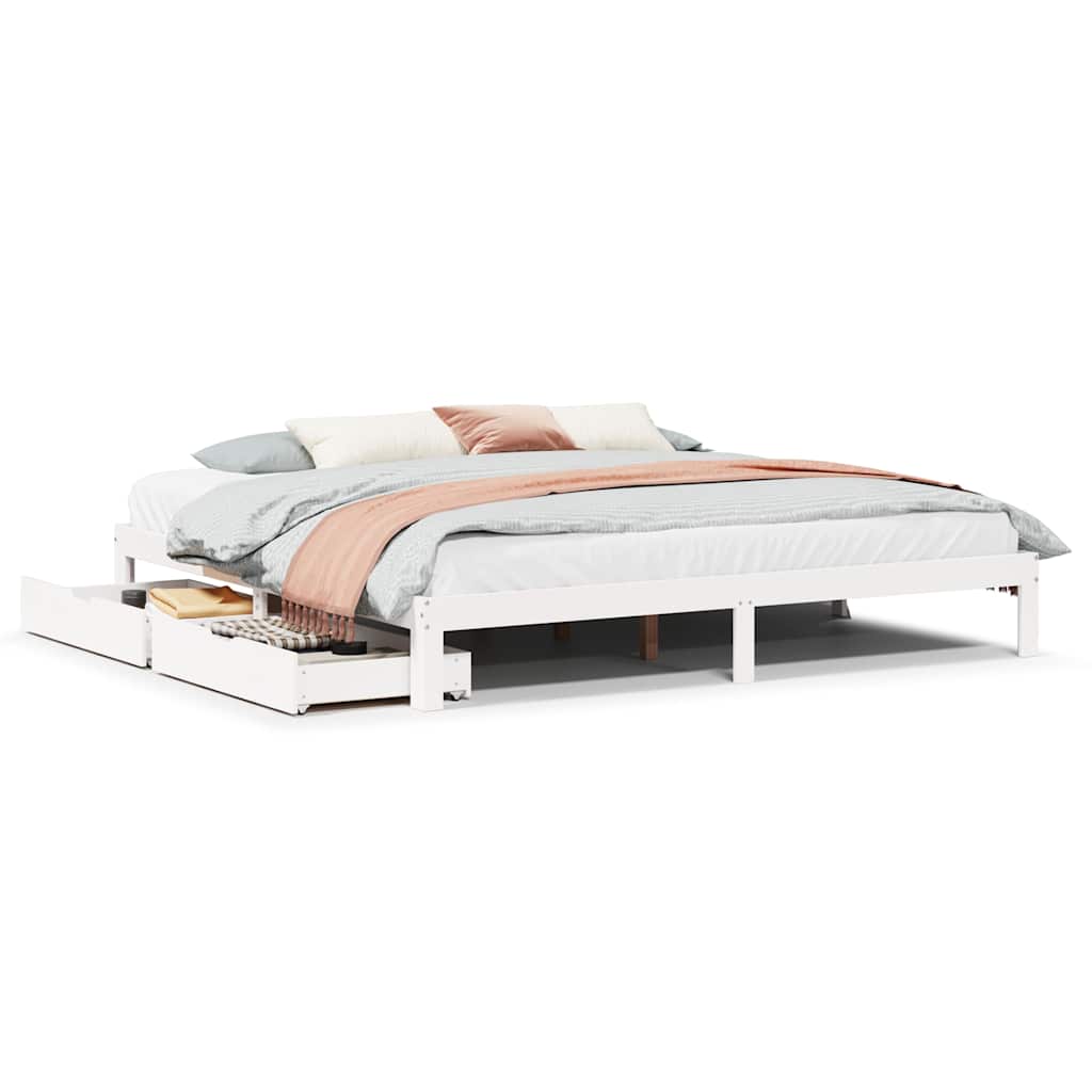 Sengeramme med skuffer hvit 200x200 cm heltre furu