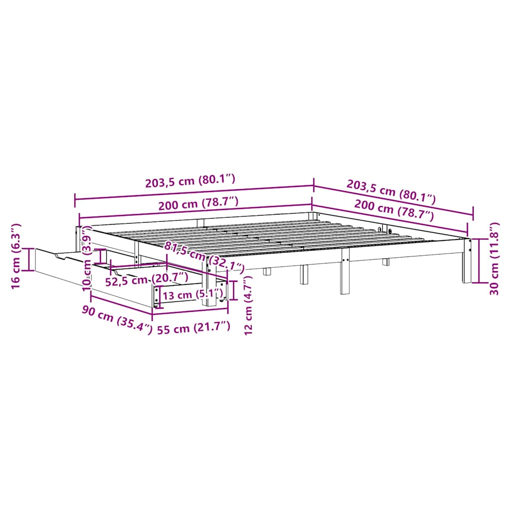 Sengeramme med skuffer hvit 200x200 cm heltre furu