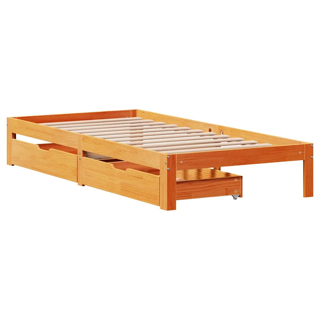Sengeramme med skuffer voksbrun 75x190 cm heltre furu