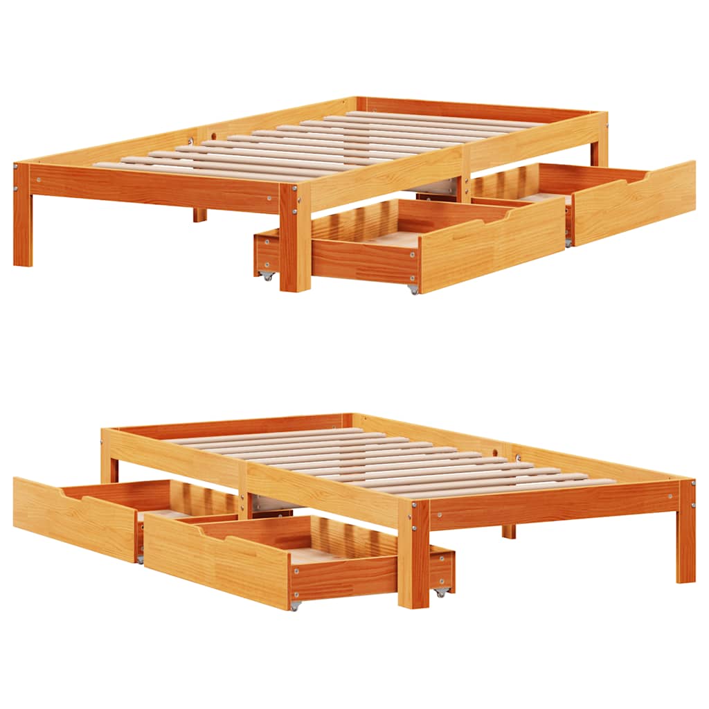 Sengeramme med skuffer voksbrun 75x190 cm heltre furu