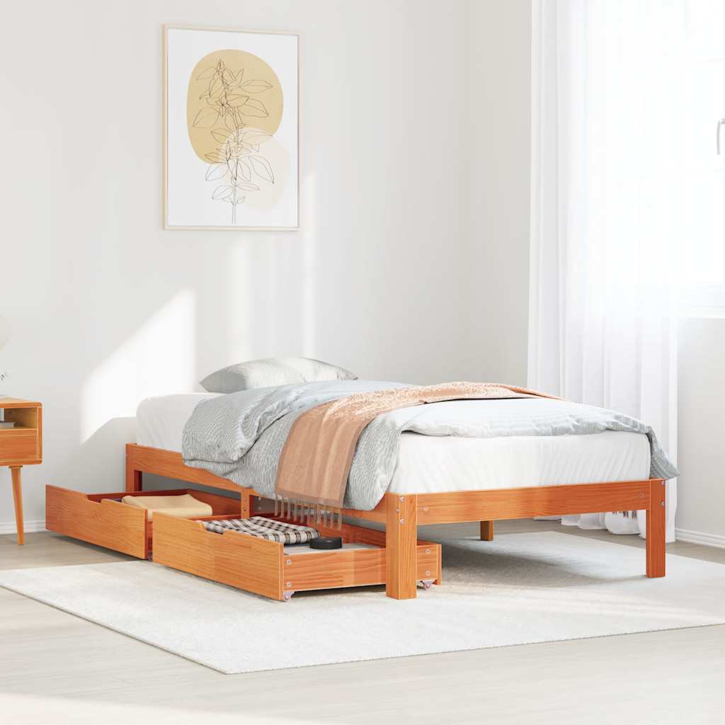 Sengeramme med skuffer voksbrun 90x190 cm heltre furu