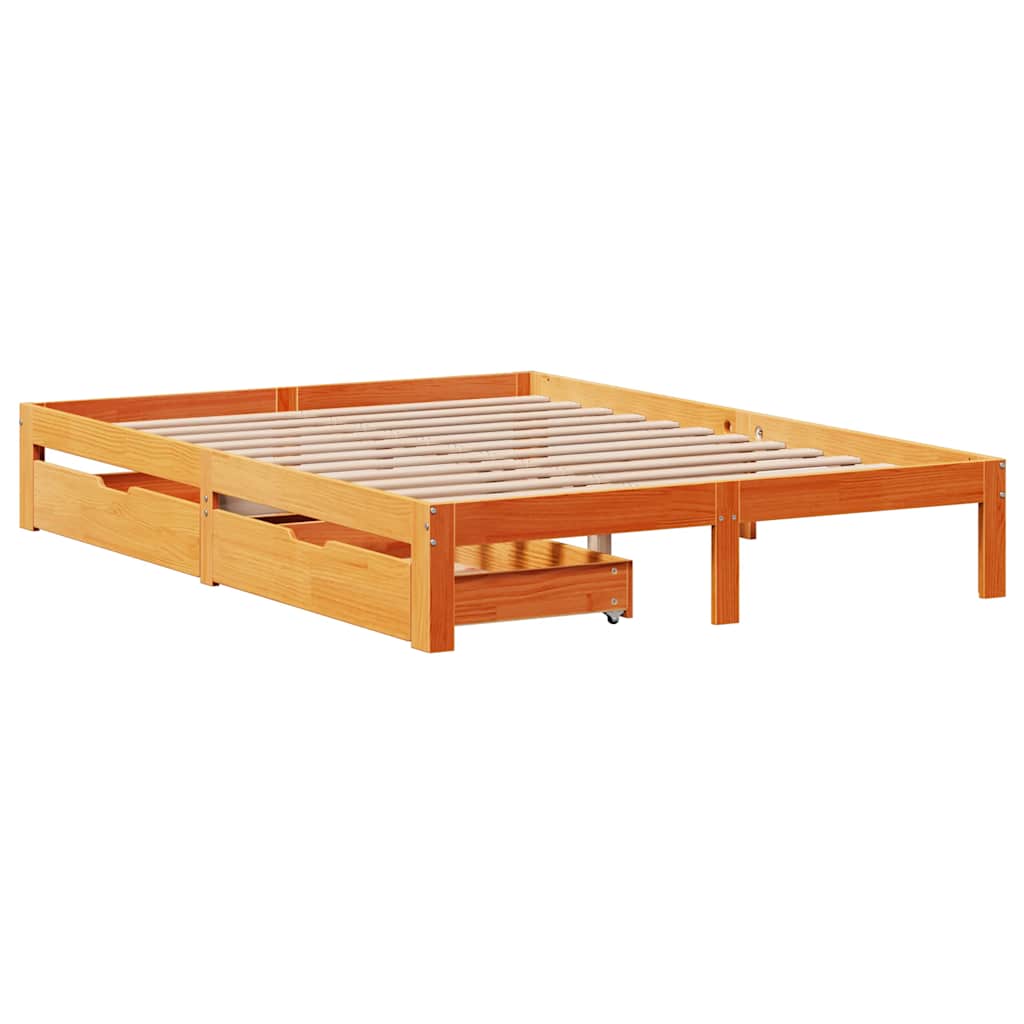 Sengeramme med skuffer brun 140x190 cm heltre furu