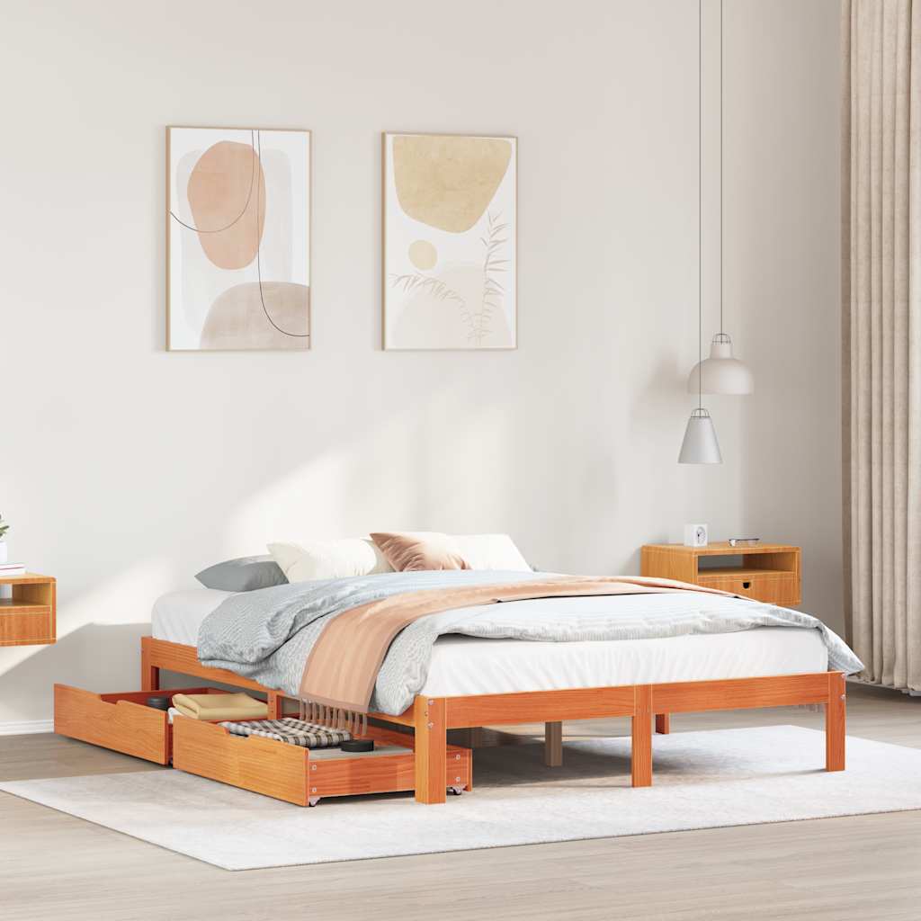 Sengeramme med skuffer brun 140x190 cm heltre furu