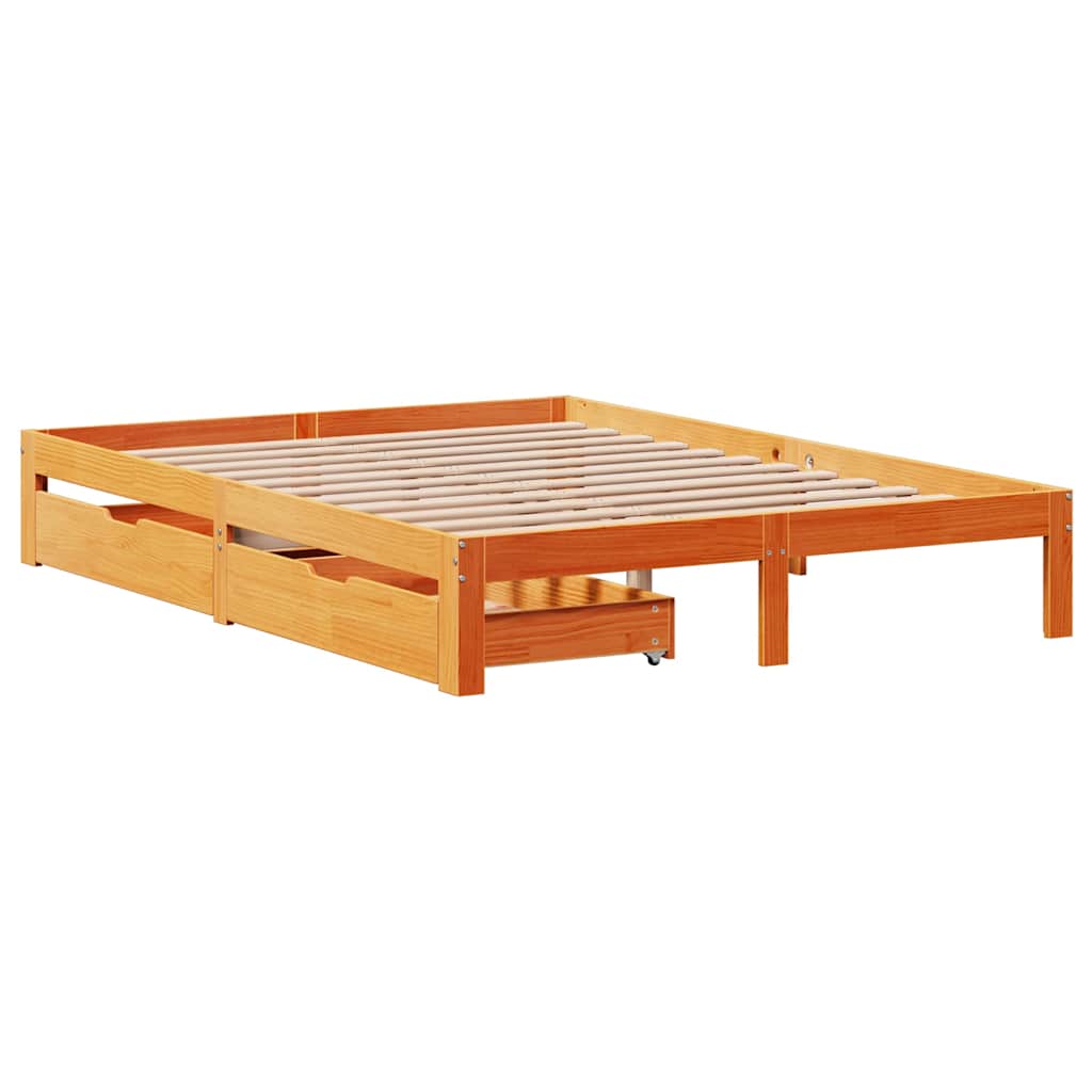 Sengeramme med skuffer voksbrun 140x200 cm heltre furu