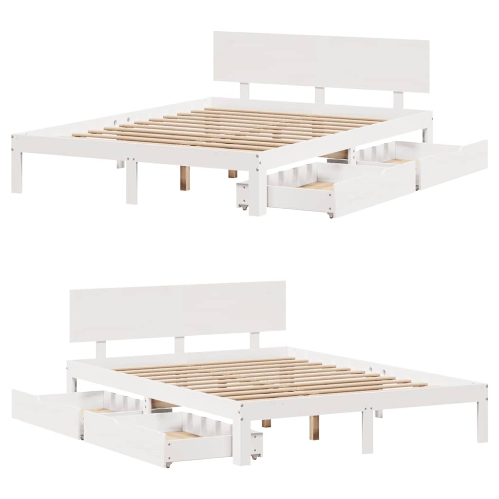 Sengeramme med skuffer hvit 150x200 cm heltre furu