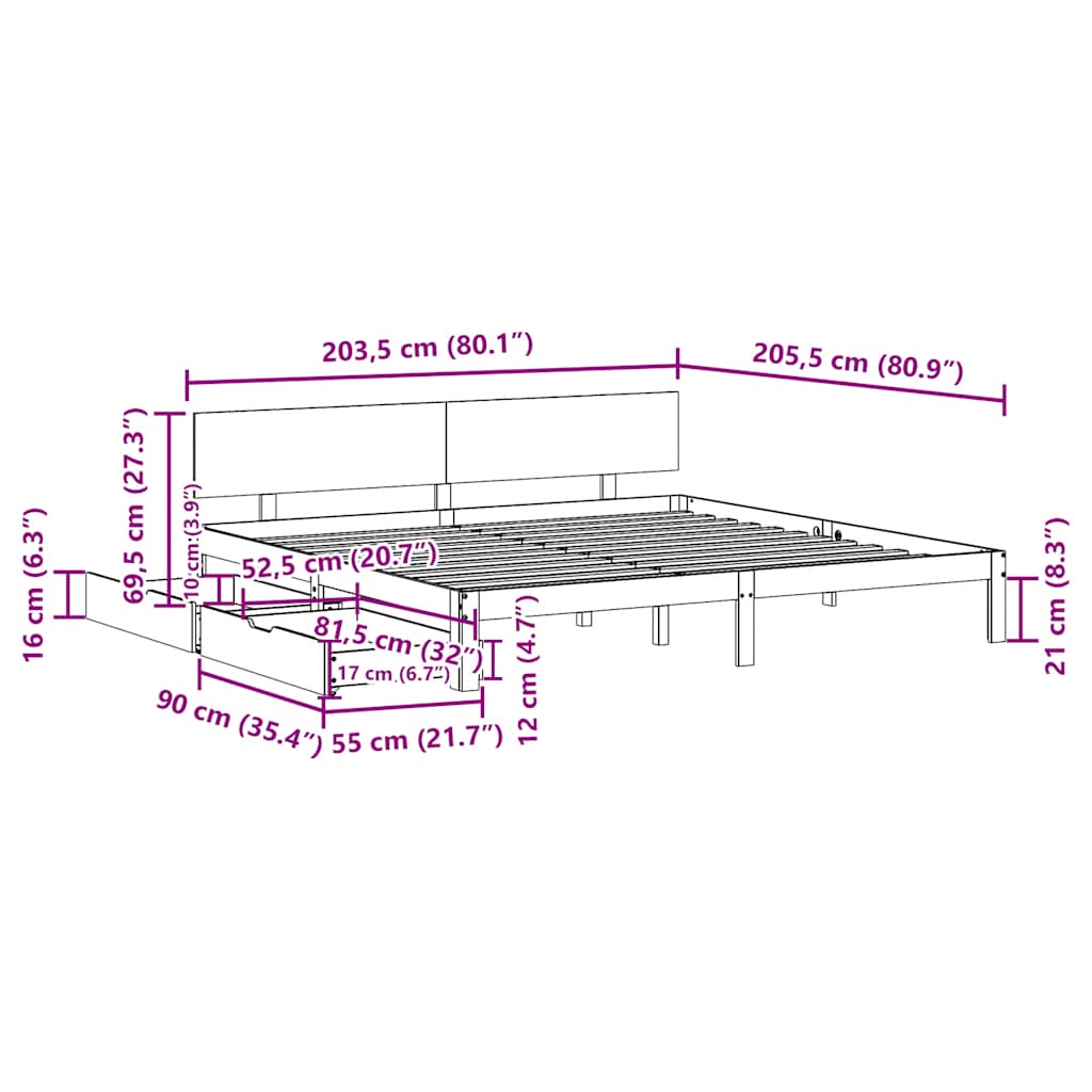 Sengeramme med skuffer 200x200 cm heltre furu