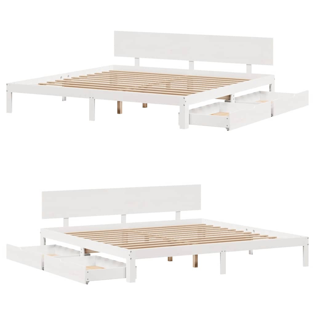 Sengeramme med skuffer hvit 200x200 cm heltre furu