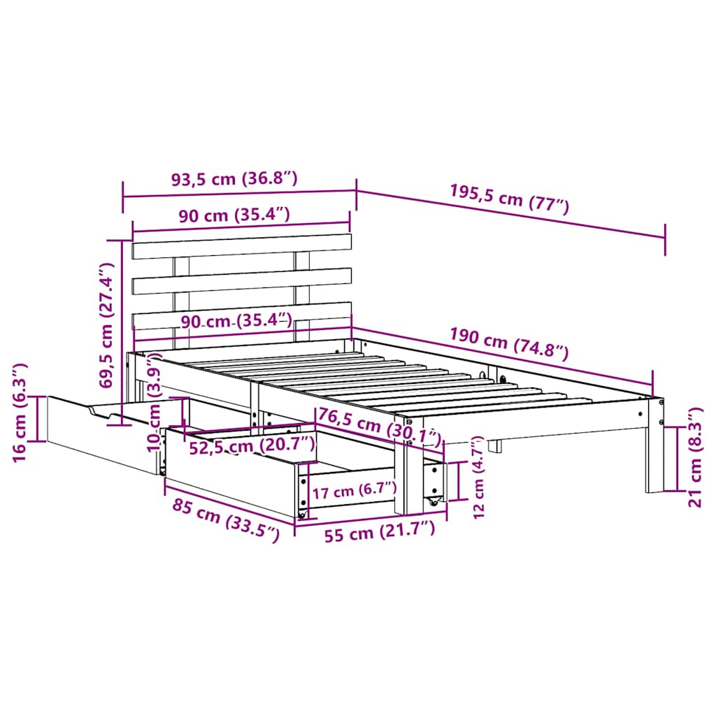 Sengeramme med skuffer 90x190 cm heltre furu