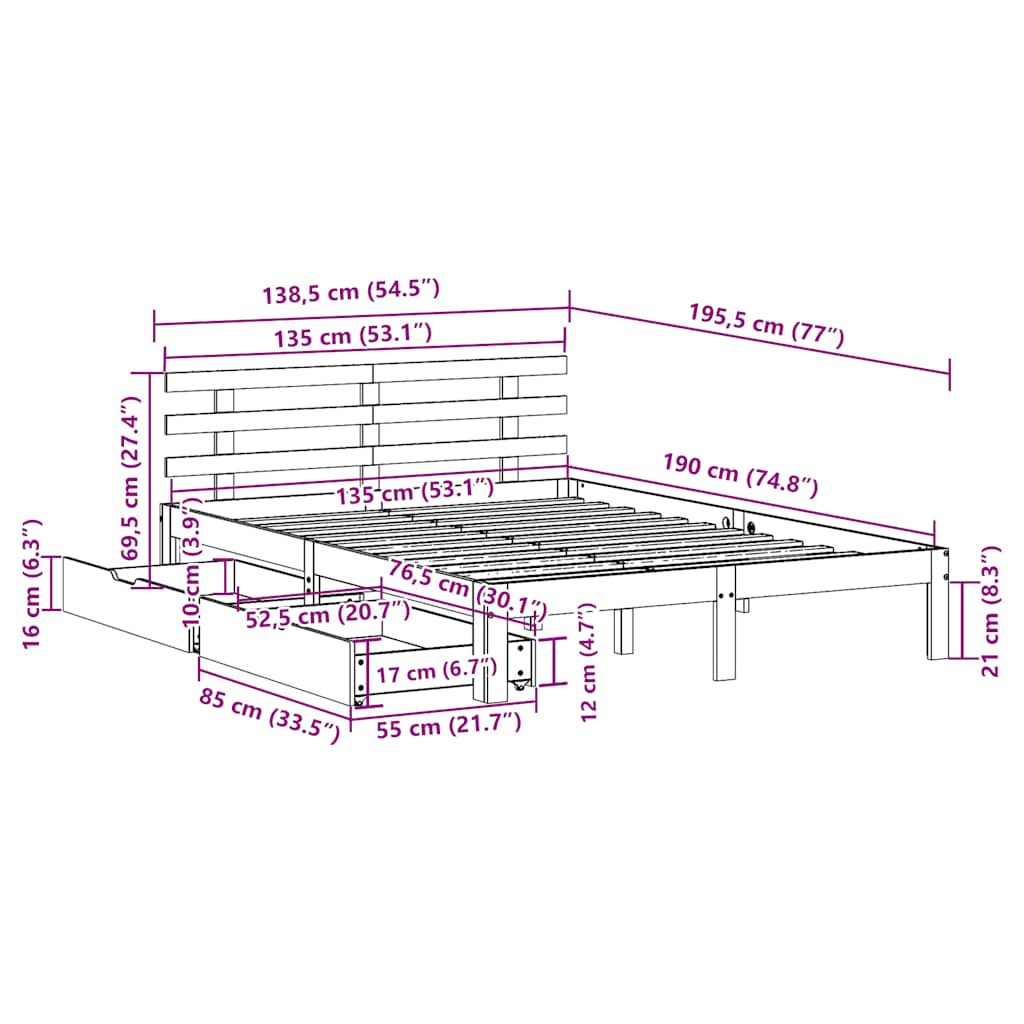 Sengeramme med skuffer 135x190 cm heltre furu