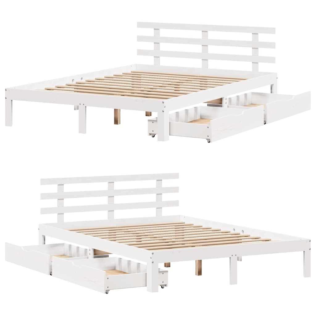 Sengeramme med skuffer hvit 150x200 cm heltre furu