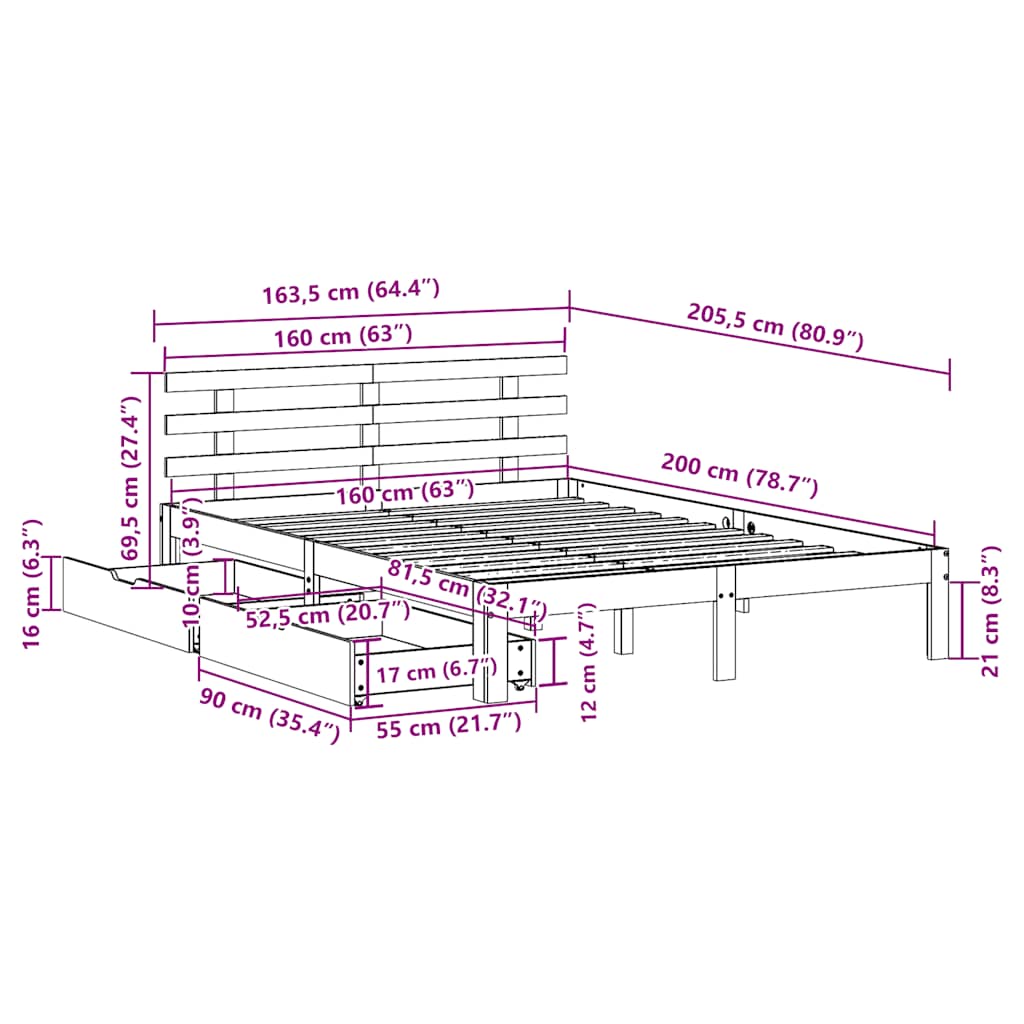 Sengeramme med skuffer 160x200 cm heltre furu