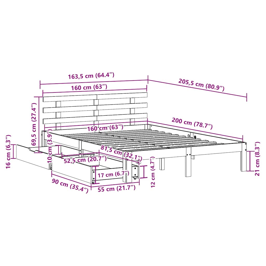 Sengeramme med skuffer hvit 160x200 cm heltre furu