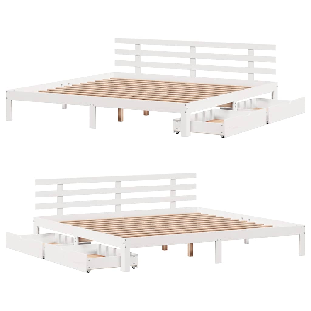 Sengeramme med skuffer hvit 200x200 cm heltre furu