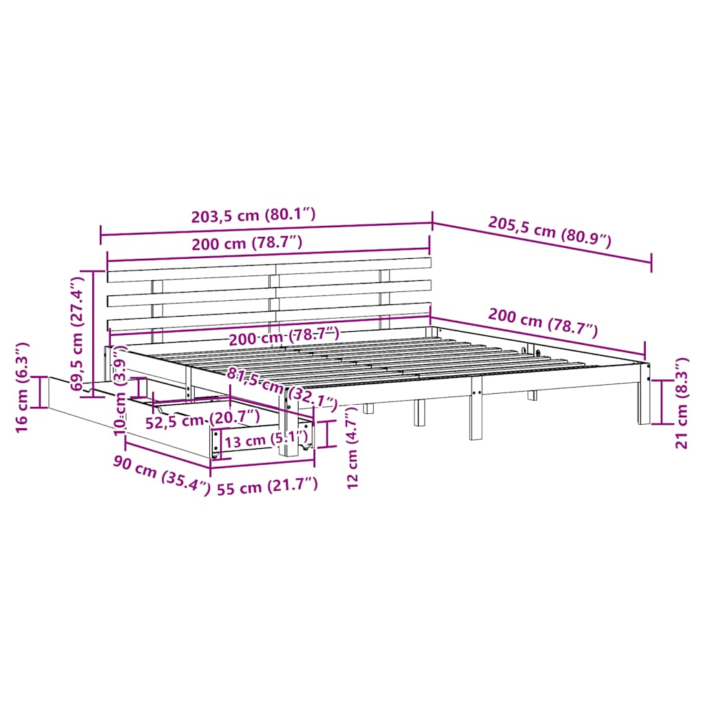 Sengeramme med skuffer hvit 200x200 cm heltre furu