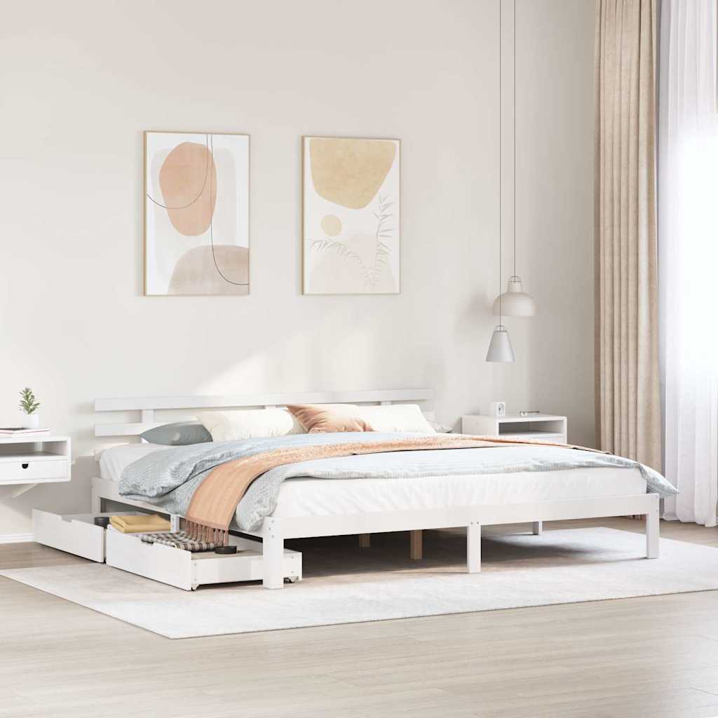 Sengeramme med skuffer hvit 200x200 cm heltre furu