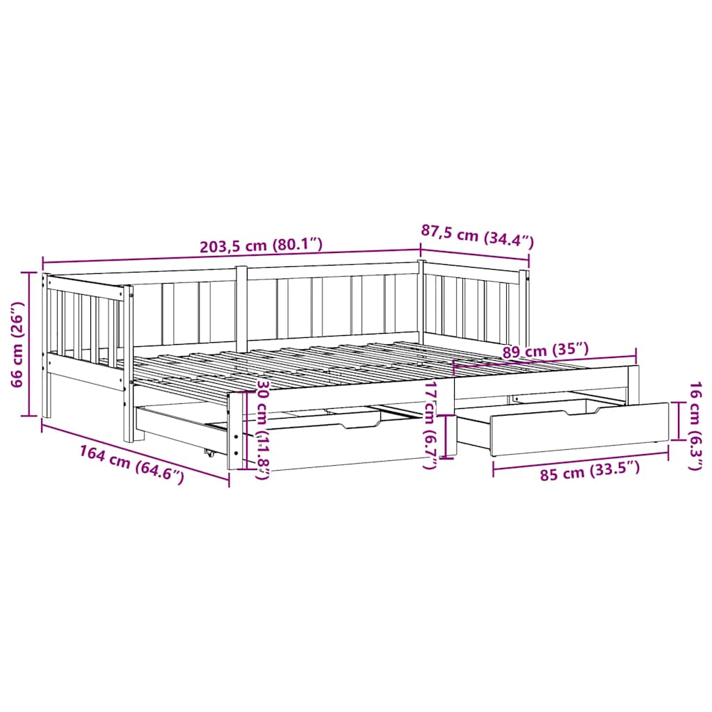 Uttrekkbar dagseng med skuffer uten madrass 80x200 cm
